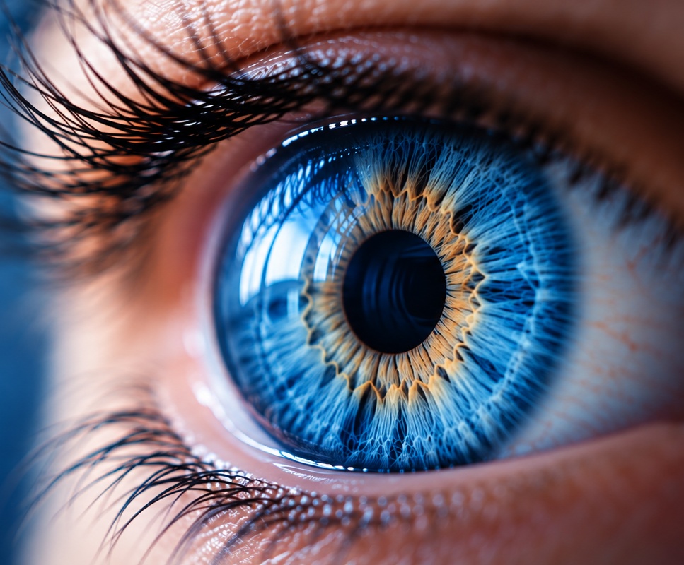 Close-up photograph of a human eye with a blue iris in sharp focus